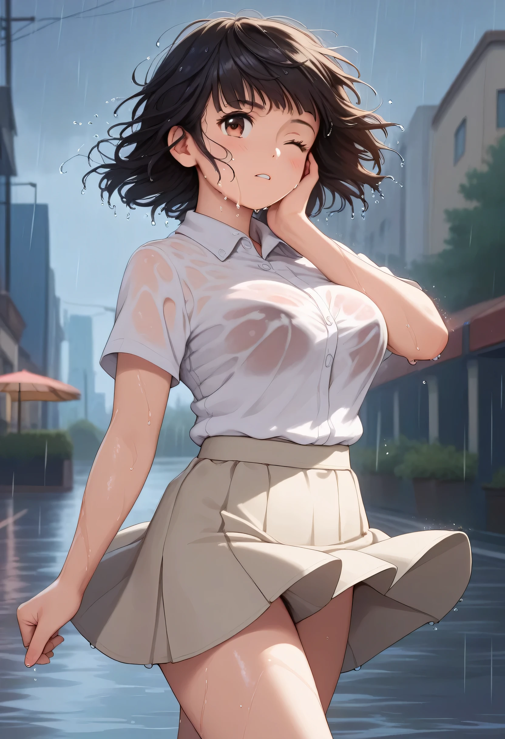 score_9,score_8_up,score_7_up,masterpiece,best quality, source_anime, realistic, super detailed, extreme detailed, rating_safe,
1girl, walking, against strong wind, Typhoon, guarding face with hands, from side, cowboy shot,
BREAK 22yo, short hair, bob cut, (blunt bangs), black hair, (tareme, detailed cute brown eyes), curled eyelashes, (large breasts:0.9),
shiny hair, beautiful detailed eyes, beautiful face,
white collared shirt, beige pencil skirt, tight mini skirt, (wet hair, wet face, wet body, wet shirt, wet skirt:1.4), (see through:1.2),
blush, serious, (one eye closed), clenched teeth,
outdoors, city, street, (rain, wind:1.4), broken umbrella