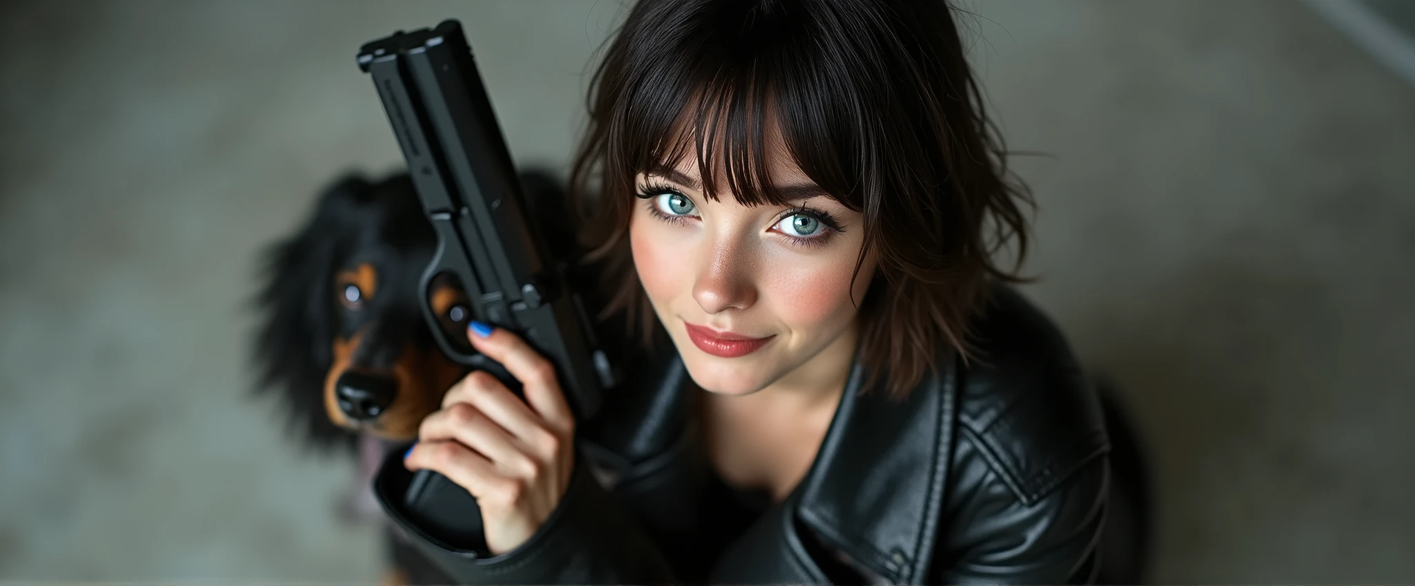 Captured from a high-angle, eye-level perspective, a medium-sized girl, dressed in a black leather jacket, holds a gun in her right hand. Her left hand is raised in the air, while her right arm rests on her hip. Her right arm is draped over her shoulder, adding a pop of color to the scene. The girl's hair is a dark brown, with bangs, and she's looking off to the side. Her eyes are a piercing blue, and her lips are a lighter shade of brown. Her hair is styled in a bob, with a slight smile on her face. The backdrop is blurred, creating a stark contrast to the girl and the pet.