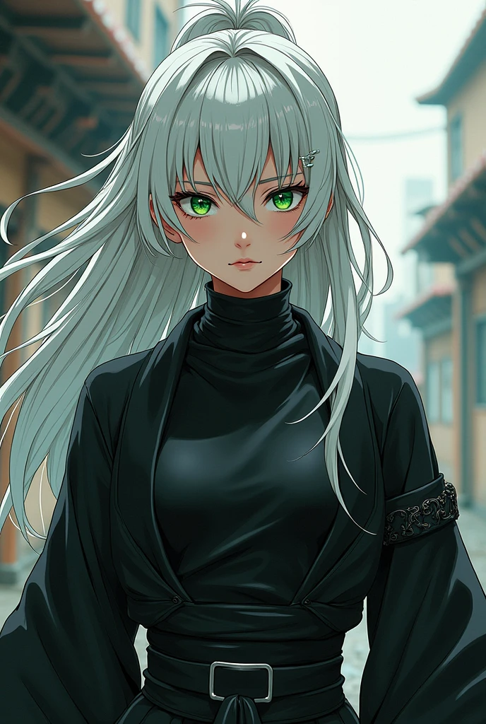 Manga woman white hair green eyes dressed in black badass wearing a kimono 
