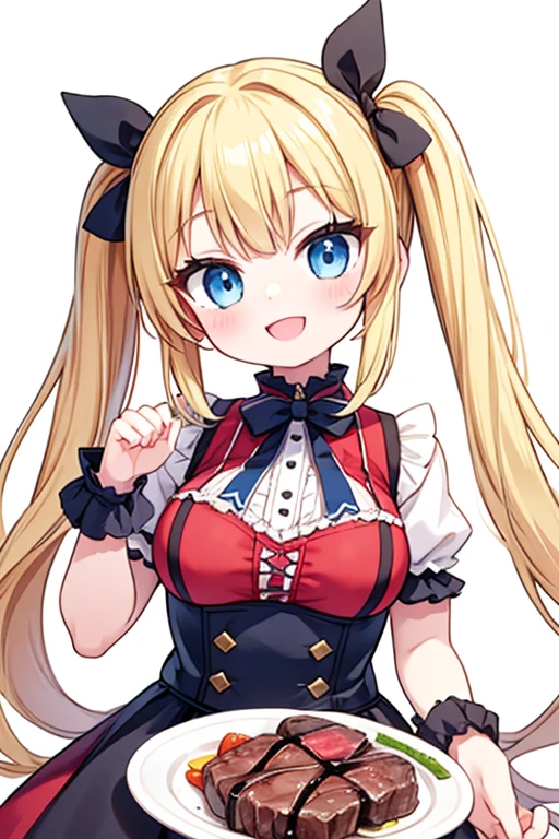 A happy smile,Large serving of beef steaks,large amount of steak,Highest quality,Blonde with blue eyes、Lolita、Small breasts、Twin tails、girl&#39;enjoy,smile,bonnet,