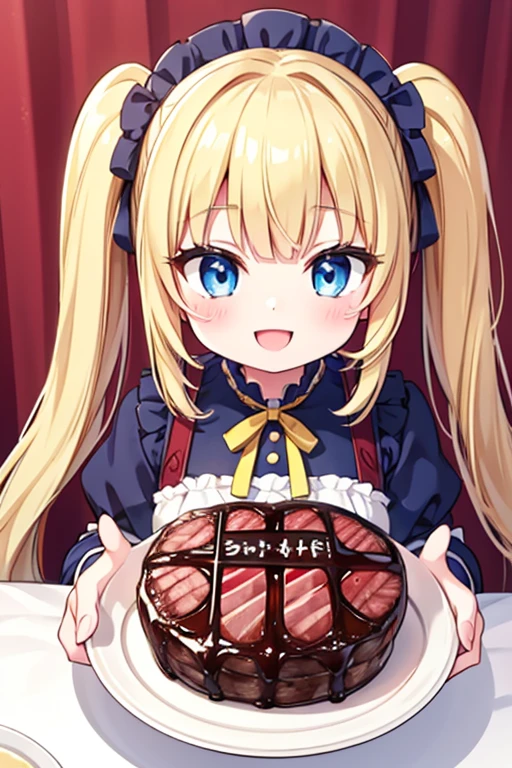 A happy smile,Large serving of beef steaks,large amount of steak,Highest quality,Blonde with blue eyes、Lolita、Small breasts、Twin tails、girl&#39;enjoy,smile,bonnet,