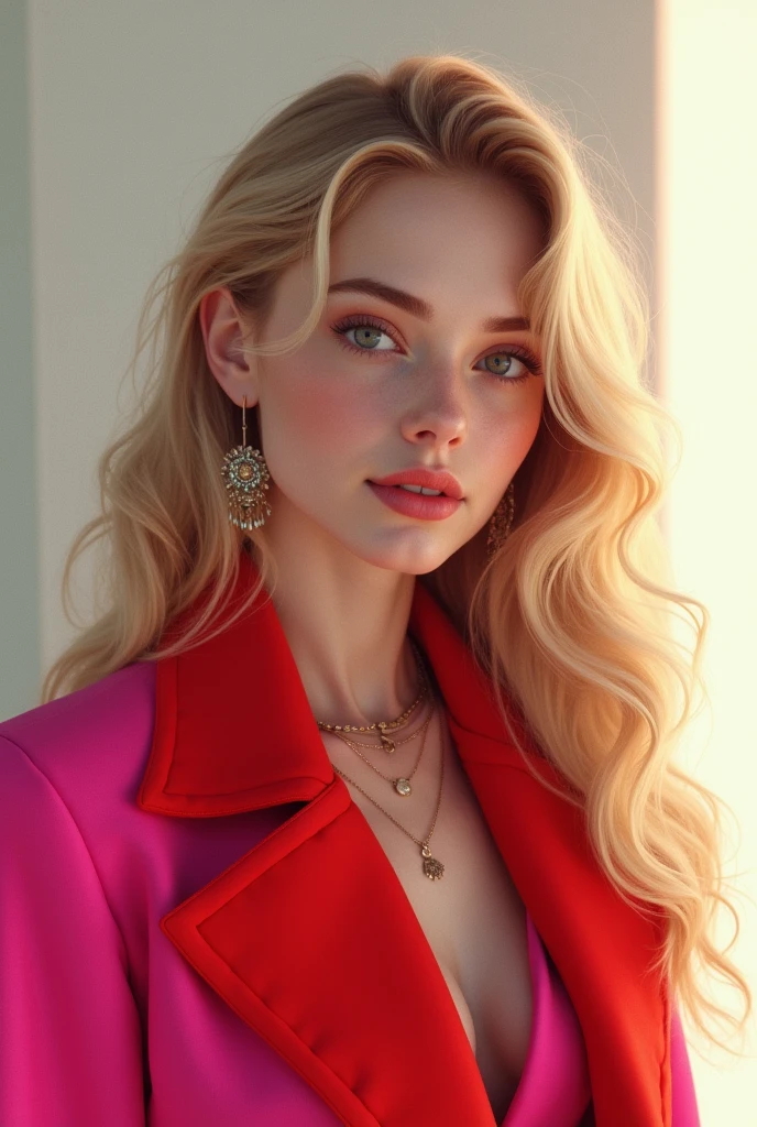 digital art teen girl blonde tight curl hair red pink coat