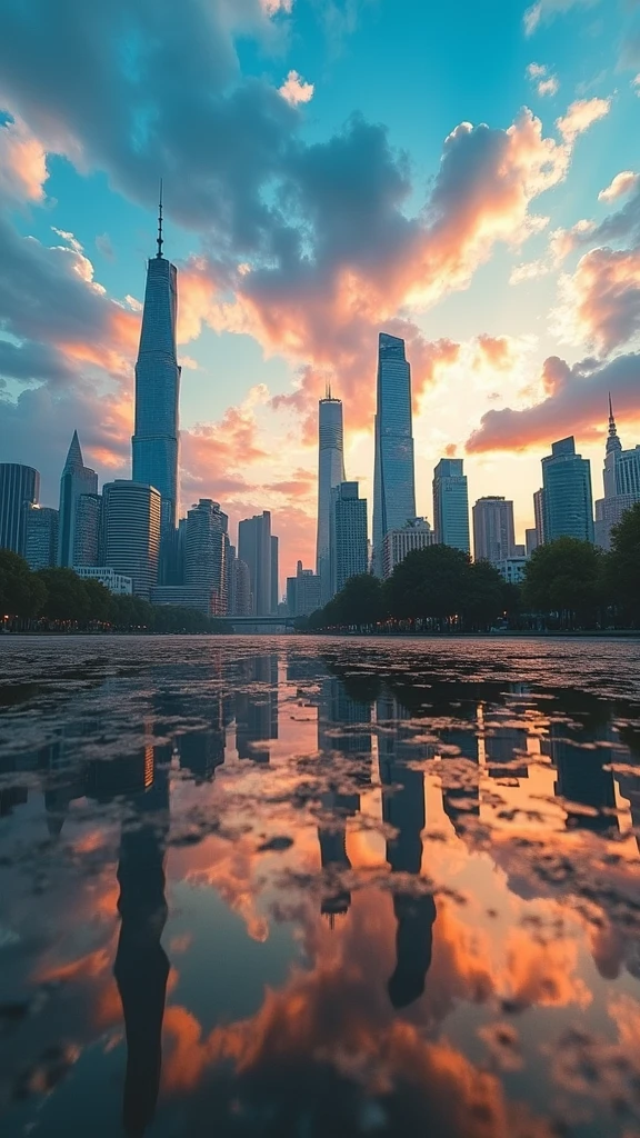 a beautiful sunset city, glowing orange and purple skies, towering skyscrapers, reflections in the calm waters, detailed architecture, warm lighting, cinematic composition, photorealistic, 8k, best quality, ultra-detailed, dramatic lighting, moody atmosphere, vibrant colors, realistic