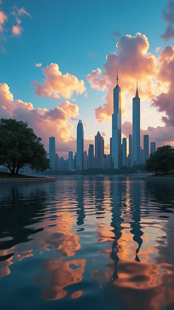 a beautiful sunset city, glowing orange and purple skies, towering skyscrapers, reflections in the calm waters, detailed architecture, warm lighting, cinematic composition, photorealistic, 8k, best quality, ultra-detailed, dramatic lighting, moody atmosphere, vibrant colors, realistic