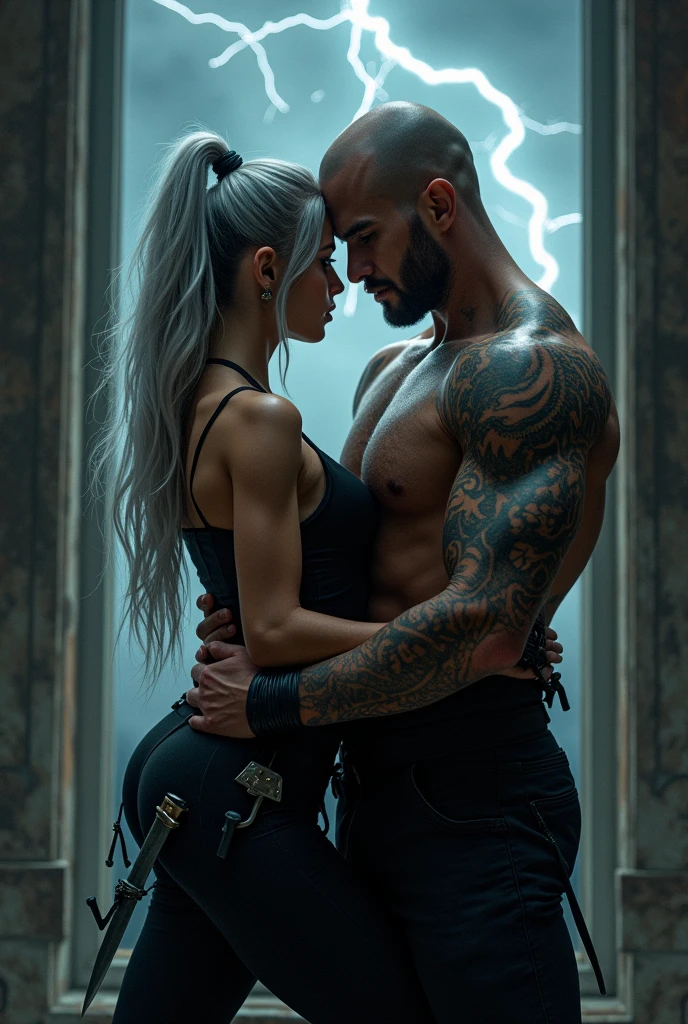 Create an image of a couple kissing at the desk, She has silver hair and an all-black fighting outfit with daggers on her body, he is strong and has a scar on his eye, tattoo of cuts all over his arm and a dragon tattoo covering his back, black clothes and thunder falls in the window. They are in a room.