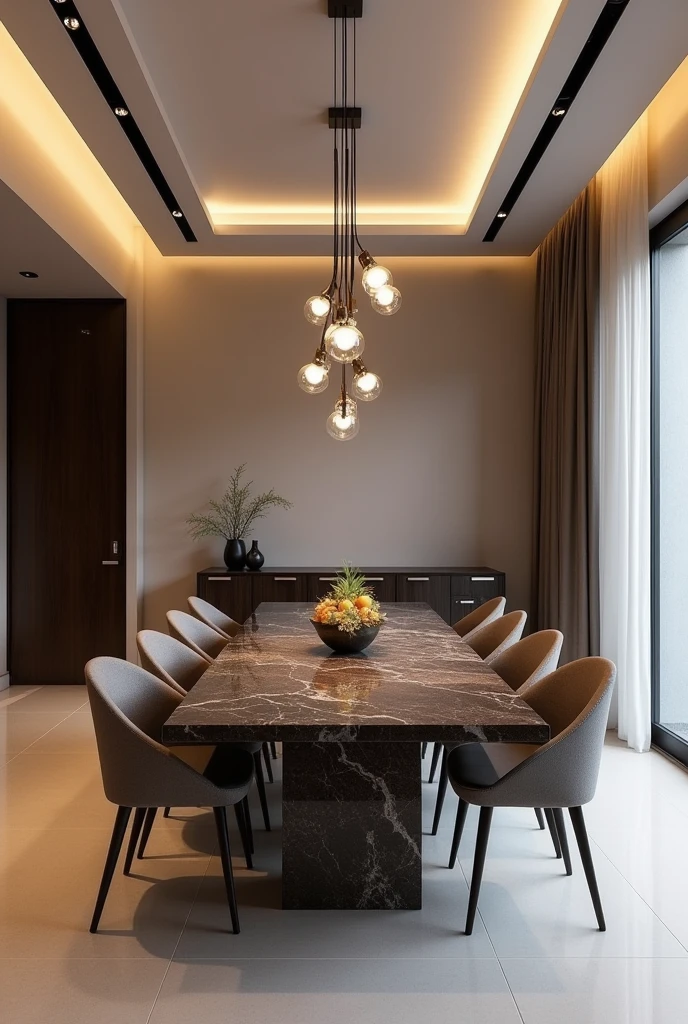 Professional 3d architecture rendering design of modern and minimal  dining room with so dark brown  8 chairs and black slab stone marble table  modern  and modern ceiling lighting and elegant ceiling lighting and dark wooden consulate and elegant ceiling lighting 