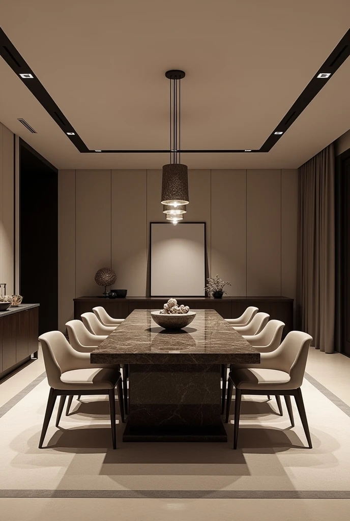 Professional 3d architecture rendering design of modern and minimal dining room with so dark brown 8 chairs and black slab stone marble table modern and modern ceiling lighting and elegant ceiling lighting and dark wooden consulate and elegant ceiling lighting