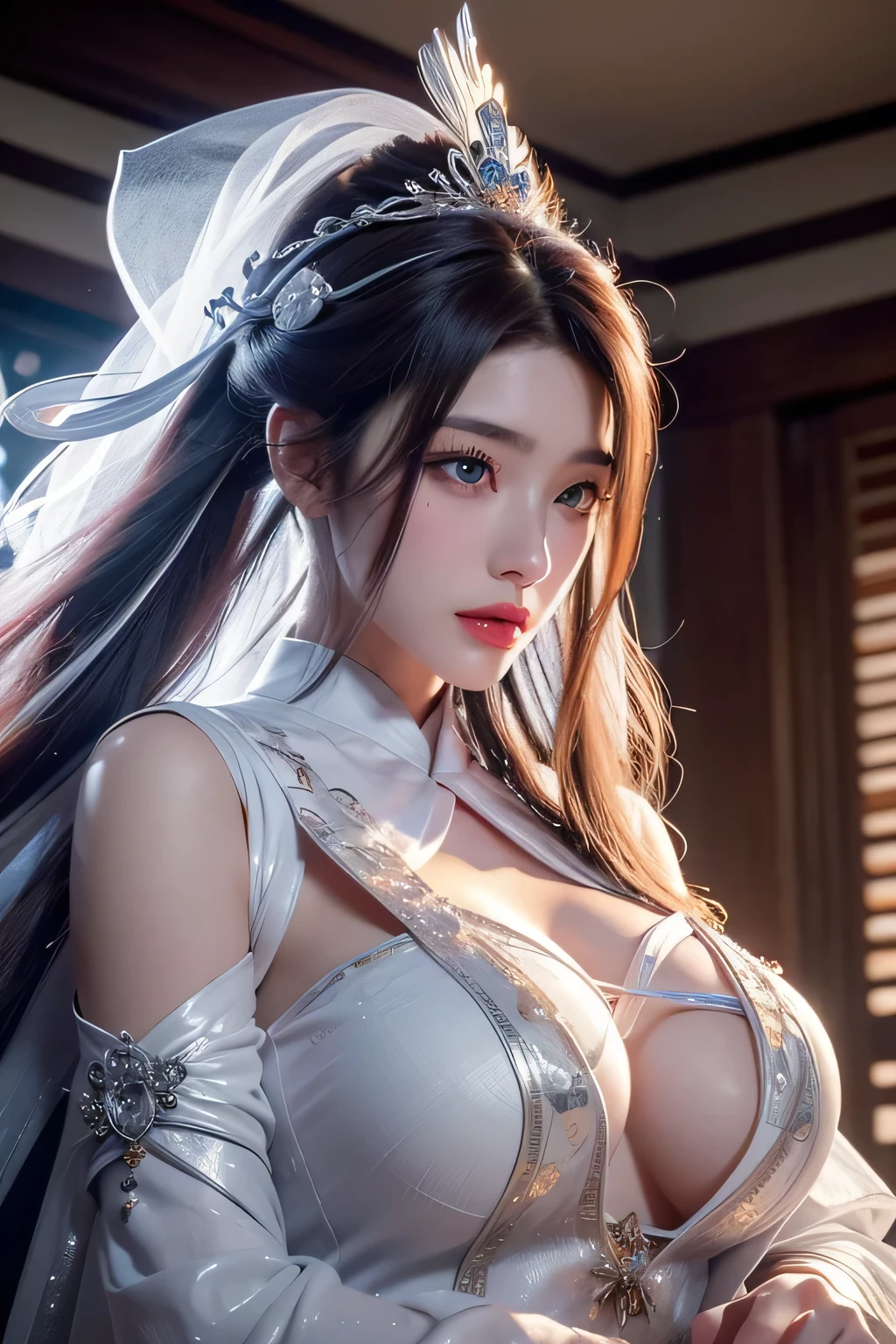 High-quality work,Realistic works,Super premium graphics,8K HD CG works,high quality graphics,High-definition and exquisite CG works,10x pixels,Ultra-fine details:1.1,Advanced technical details:1.1Realistic photo effects,Interior lighting effects:1.5,natural soft light:1.5. Light effect(Virtual light effects:1.8),ultra high resolution,shining dress,sliver long hair,silber hair,transparenthair,high detailed hair(Quality hair details:1.1)Clear eyes,Double eyelids look good,Sharp eye makeup, Create exquisite eyelash makeup, tthin eyebrows, Ultra-detailed eyes,a tall nose, lovely red lips, rosey cheeks, With delicate makeup on her face , pretty face, The face shape is perfectly proportioned,(Advanced facial details:1.1)(goddess,female Taoist priest),The petals are falling like rain, with random colors,busty,Wearing a loose silver-white robe, her soft breasts sag naturally without any underwear,Taoist magic figure,black and white entanglement,crystal and silver entanglement. Fish eye lens, upper body, one hand on hips, from below, Women's artwork,Dress full body video,Realism,Amazing Cleavage,My eyes are very bright today