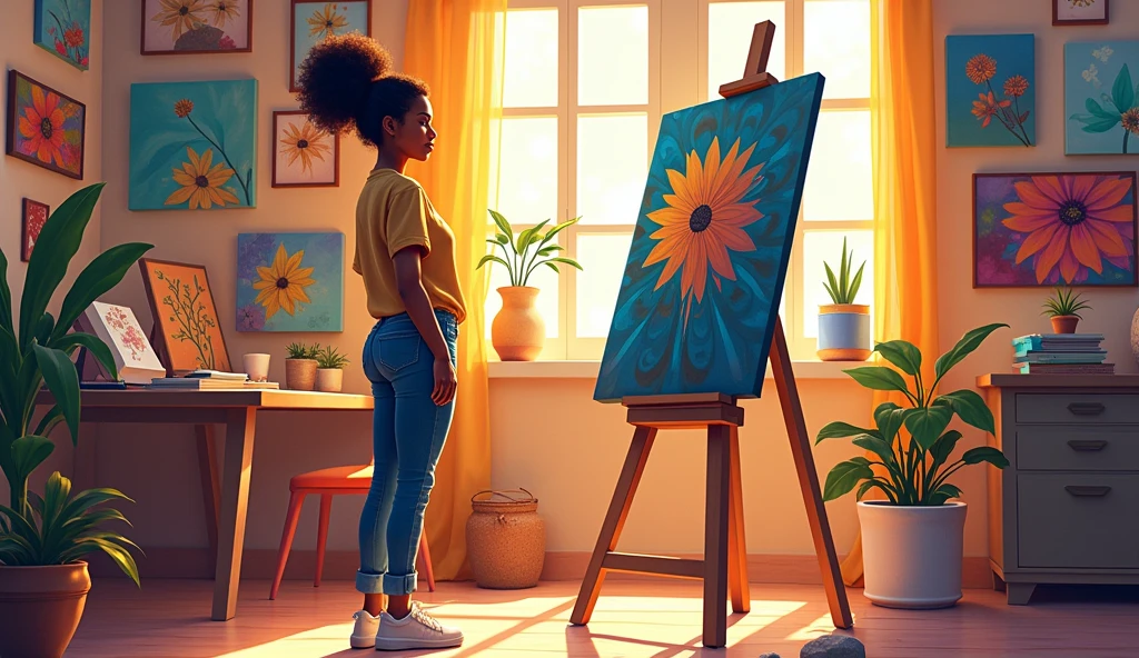 Background: Inside Leena’s studio, now more organized and brightly lit with sunlight streaming in. The space feels renewed, with vibrant new paintings hanging on the walls that exude warmth and emotion. The studio is alive with colors and energy.
Style: Illustrative with vivid, dynamic colors reflecting the vibrancy of Leena’s renewed spirit and creative energy. The artwork in the studio should be visibly different, full of life and emotion, showcasing Leena’s transformation
Leena: Standing at her easel, focused on a new painting that bursts with color and emotion. Her posture is confident and relaxed, with a content expression as she works. She is dressed in a fresh, clean outfit, still casual but now reflecting a more polished and thoughtful appearance. The small stone is placed nearby, a quiet reminder of her journey
Mira: Not present in this scene, but her impact is visible through the positive changes in Leena’s studio and artwork, symbolizing the ongoing influence of her guidance.