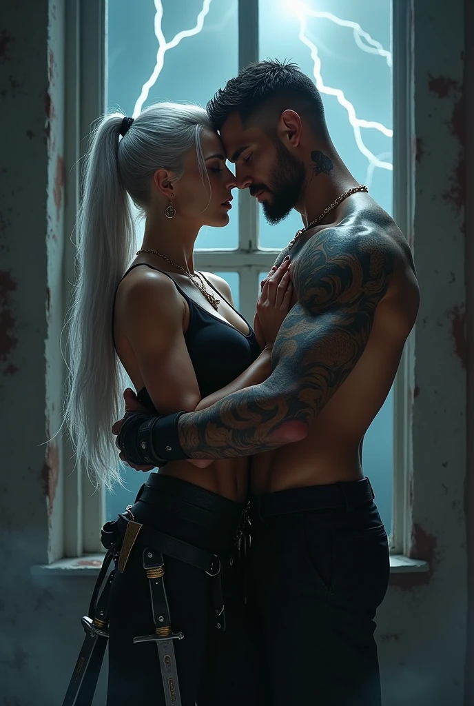 Create an image of a couple kissing at the desk, She has silver hair and an all-black fighting outfit with daggers on her body, he is strong and has a scar on his eye, tattoo of cuts all over his arm and a dragon tattoo covering his back, black clothes and thunder falls in the window. They are in a room.