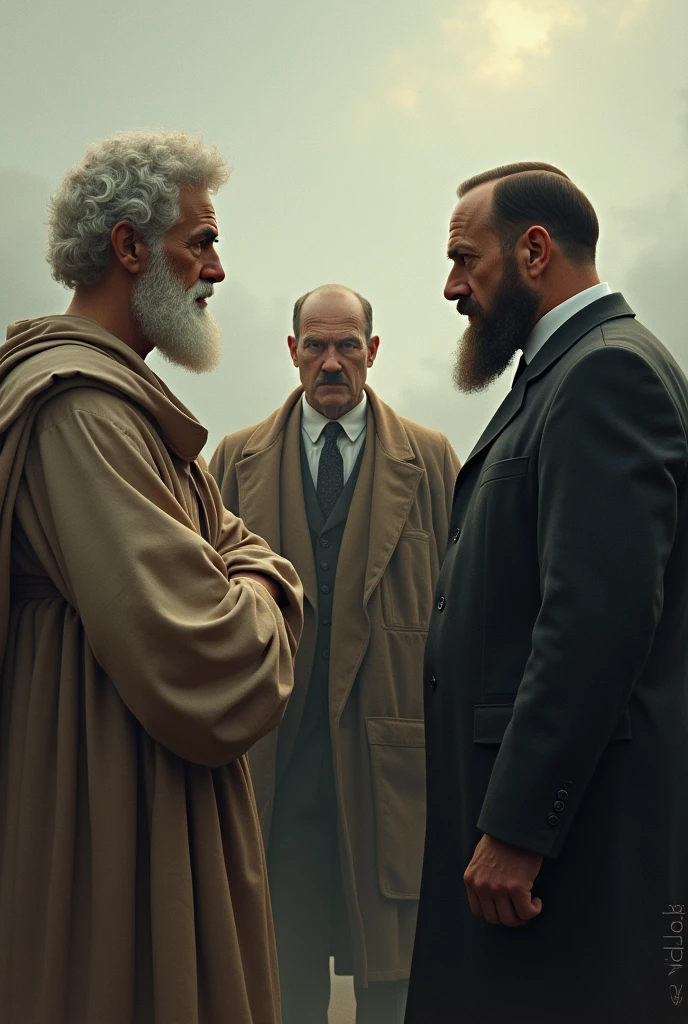 Please give me a picture with the philosophers Plato, Gottfreid W. Leibniz, Saint Augustin and Adolf Hitler so they can all be together..