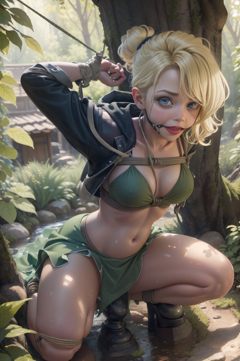 (Tinker Waifu:1), smile, sexly, light green fairy dress, light green high heels, Cheeky pose, look at the viewer, big boobs, Neckline, moño de un alone cabello, shorth hair, (Green strapless dress:1), (Feenflügel), (Focus on breasts:1.2), from above, (Realist:1.2), (真实感), (masterpiece:1.2), (best quality), (extremely detail), (8k, 4K, complicated),(Full body photo:1),(Cowboy-shot:1.2), (85mm),partículas de light, Turn on, (Very detailed:1.2),(detailed face:1.2), (Color gradients), Noticeable,(detailled eyes:1.2),(detailed background),detailed landscape, (dynamic angle:1.2), (dynamic pose:1.2), (third rule_Komposition:1.3), (method:1.2), Allgemein plan, light, alone, sexly, Show skin, person, auf dem Bauch liegend tied up schaukelt in der Luft。A scene with sunlight, that falls through the trees, Bondage, tied up, showing naked swollen vagina, showing naked swollen vagina, Show vagina, big curvy chest , Viewer from below, kompletely naked, without cloth, clothless, zwischen den Bäumen from above herunter fallend tied up an den Handgelenken und Füßen, chained in the air, Falling from the tree, spread legs, legs wide open, wet vagina exposed, dildo in vagina