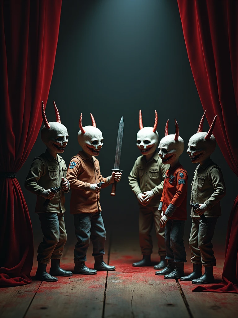 A photo of a dark horror theater with puppets and action figures from 1983. There are several puppets with demonic features, each holding a weapon. The puppets are arranged on a stage. The background contains a curtain and a few props. The lighting is dim.