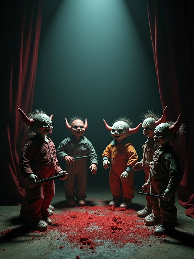 A photo of a dark horror theater with puppets and action figures from 1983. There are several puppets with demonic features, each holding a weapon. The puppets are arranged on a stage. The background contains a curtain and a few props. The lighting is dim.