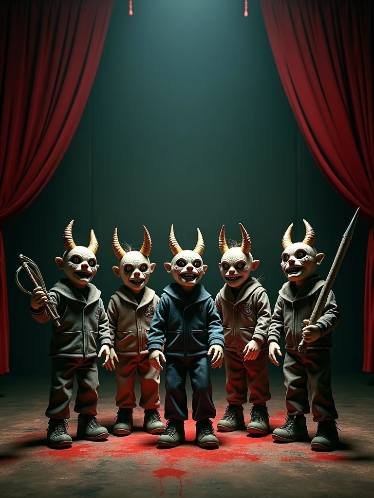 A photo of a dark horror theater with puppets and action figures from 1983. There are several puppets with demonic features, each holding a weapon. The puppets are arranged on a stage. The background contains a curtain and a few props. The lighting is dim.