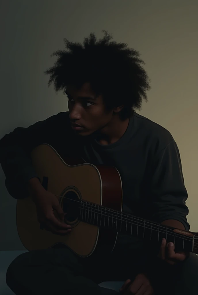 Shadow Black teenager with guitar sitting with short curly hair thinking about the shadow of one who disappeared from his life LP cover with the name: It Happened to Me