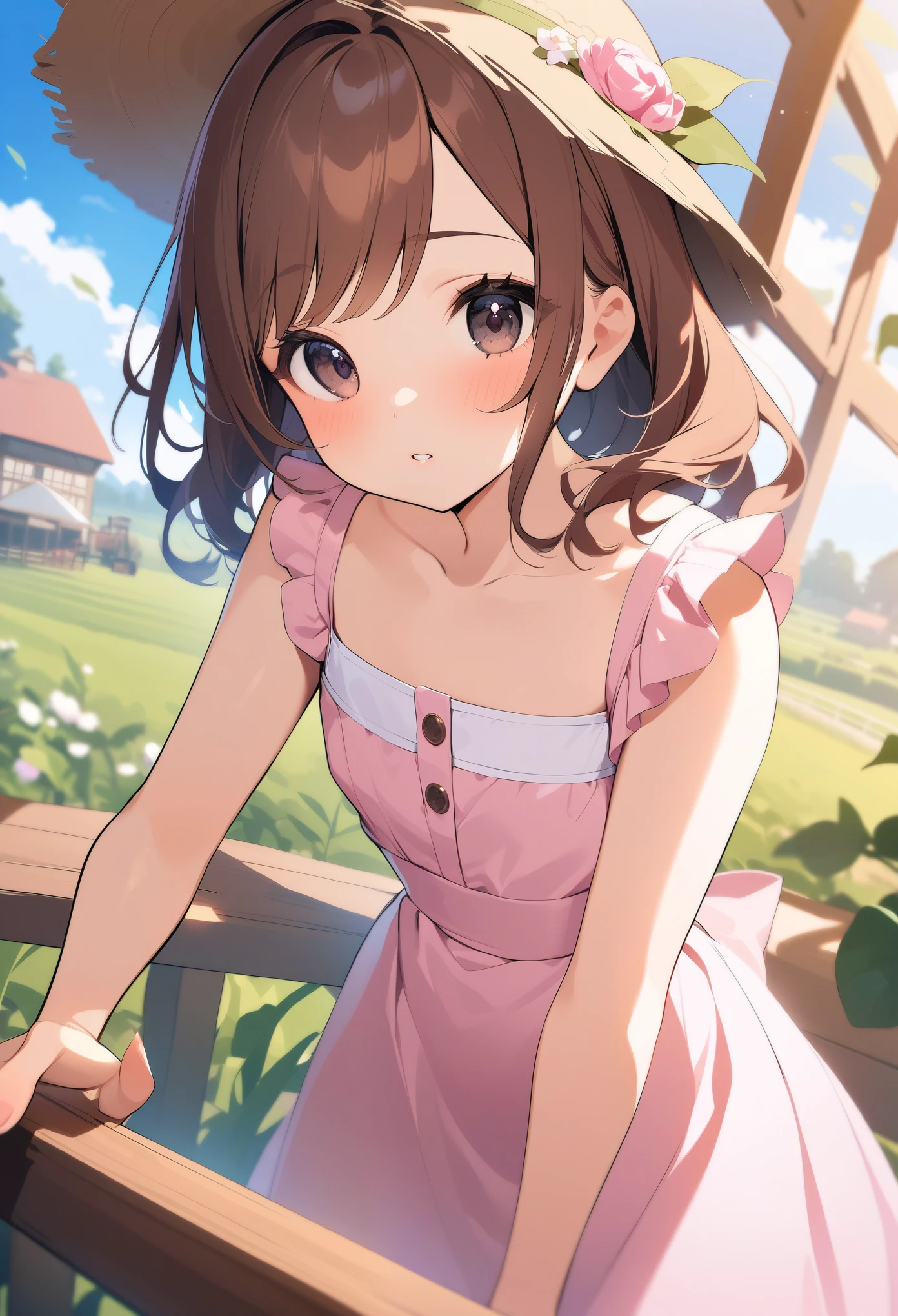 Drawn in {renaissance} style,{1girl},chaotic,creating,at close-up view,in scenery scene,adventurer profession,{black} eyes,brown bald hair,wearing pink sundress cloth,wearing fascinator,flat chest body,, masterpiece,best quality,ultra-detailed,farm，The skirt is transparent，You can see the chest