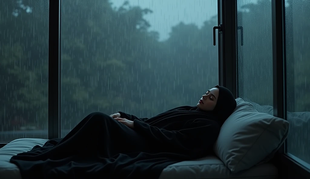 Beautiful woman sleeps, night rain in the glass room, black hijab woman sleeping rain window kaddan words