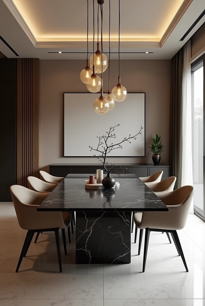 Professional 3d architecture rendering design of modern and minimal dining room with so and very dark beige 8 chairs and black slab stone marble table modern and modern ceiling lighting and elegant ceiling lighting and dark wooden consulate and elegant ceiling lighting