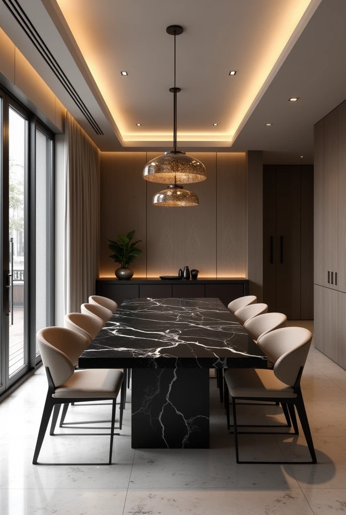 Professional 3d architecture rendering design of modern and minimal dining room with so and very dark beige 8 chairs and black slab stone marble table modern and modern ceiling lighting and elegant ceiling lighting and dark wooden consulate and elegant ceiling lighting