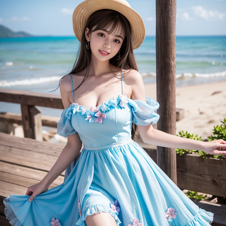 laughing out loud,(knee shot), 1 girl, light brown hair, blunt bangs, hair behind ears, Hair over the shoulders, long hair, Slender body type, Super thin face, face slimming, delicate lips, beautiful eyes, Thin blush, Eyes are light brown,Check it out here, (realistic:1.3), 8k, , Super detailed, high quality, best quality, High resolution, (Full breasts), 3, , (Gauze skirt), (tutu), wearing a light blue flower dress, Cute and elegant pose, (((Gauze puffy dress))), Gauze skirt, five layer Gauze skirt, There is petticoat inside the skirt,The dress is made of chiffon,Soft and fluffy dress, elegant, (Stand on the beach), wearing a straw hat, light blue flower dress,long skirt. hand on hat, Chiffon dress, Flowers all over the dress