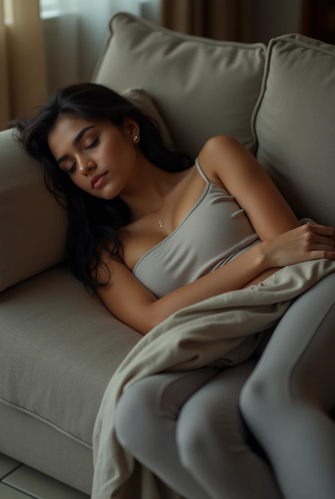 Create a Indian women image in leggings sleep on sofa full body image close image tight leggings