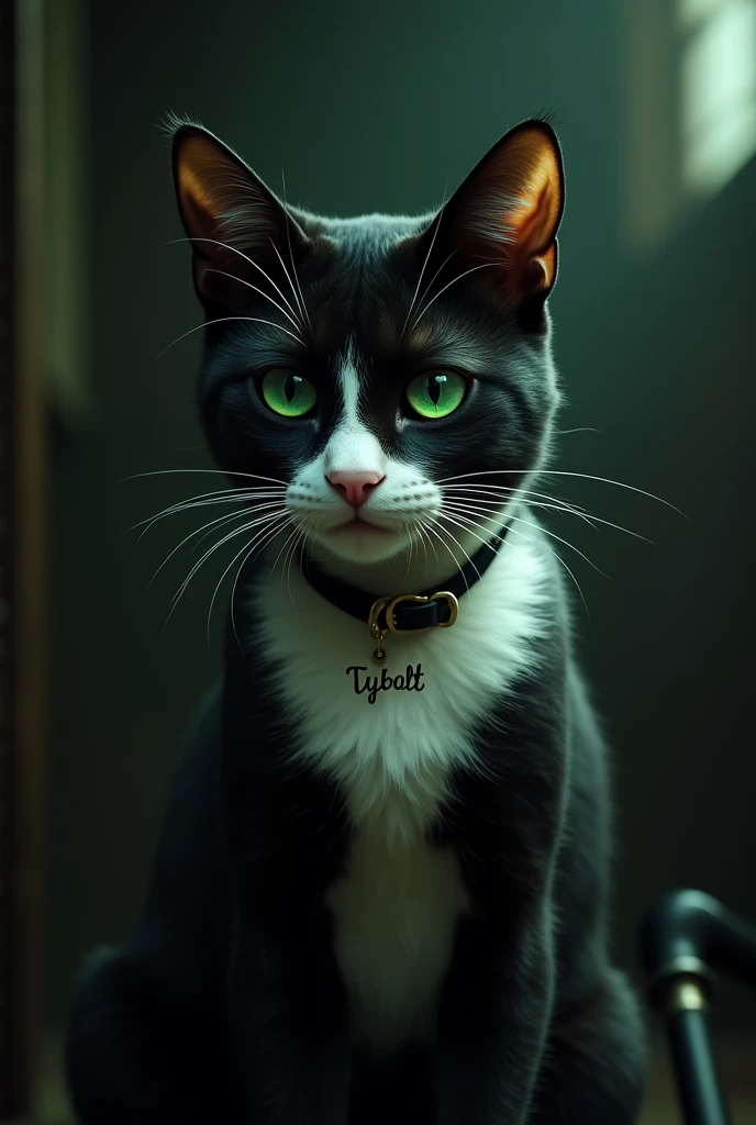 Un chat tuxedo aux yeux verts avec un collier où il est écrit Tybalt. Avec une béquille. Dans un univers sombre.