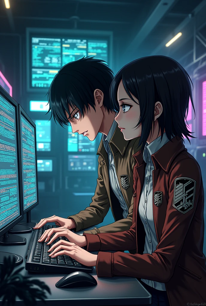Eren Yeager from attack on Titan as a black hat hacker with Mikasa as his wife where is Mikasa there looks like another character 😭 still they looks like another character you can create it in 2nd dimension hey add survey cops badge on their clothes why is there third person and their badge does not look real but there looks are perfect they are hacker aren't they ? You can add attack on Titan posters in there hacking room . You can take Survey Corps badge from Google 