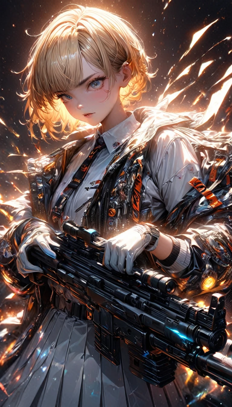 kawaii, cute boyish girl with very short messy boyish blonde hair, gold piercing gaze, glamorous proportions, wearing a white school uniform and gloves, holding a machine gun, background wide variety punks, (ultra detailed, absolutely resolution, best quality:1.3), 2.5D, delicate and dynamic effects, lighting effects, artistic, hyper, graphic CG digital art