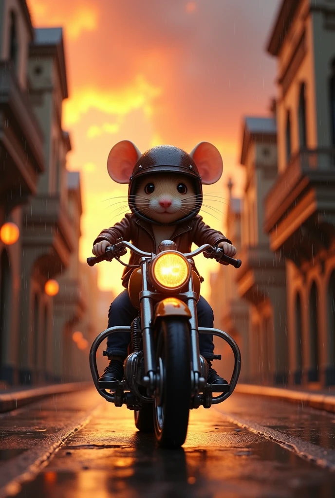 A mouse driving the classic bike in the time of sunset with orange &red clouds during the small rain and ancient architecture and artistic street