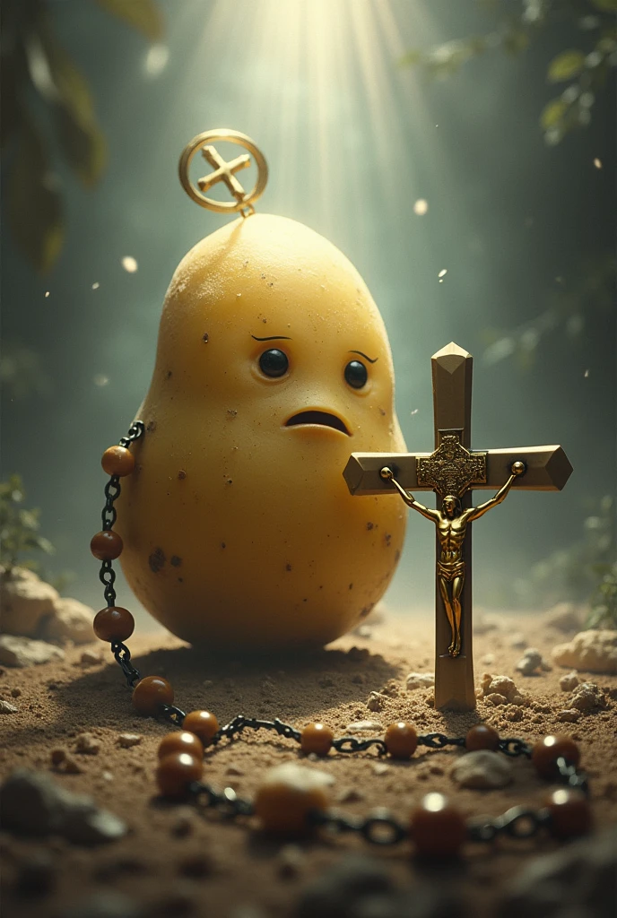 A potato in a spiritual battle with the church rosaries and scapular 