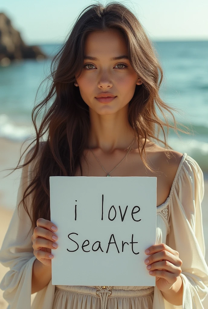 Beautiful girl with wavy long hair, bohemian dress, holding a white board with text "I Love Seaart Infinity" and showing it to the viewer