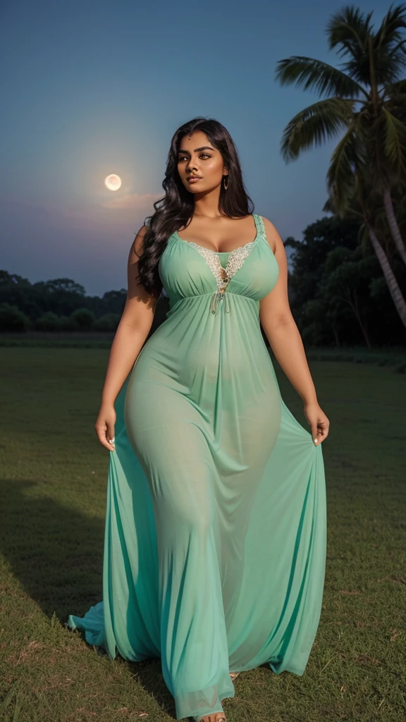 a South Indian woman in a transparent light green colour dress is walking in a field, alluring plus sized model, attractive feminine curves, jaw dropping beauty, giant stunning goddess shot, nightgown, sexy gown, jaw-dropping beauty, curvy, curvy model, moonlight night, plus size, moonlit night, in the moonlight, in night, at night with moon light, very curvy
