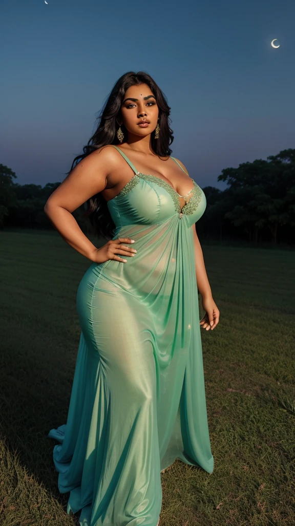 a South Indian woman in a transparent light green colour dress is walking in a field, alluring plus sized model, attractive feminine curves, jaw dropping beauty, giant stunning goddess shot, nightgown, sexy gown, jaw-dropping beauty, curvy, curvy model, moonlight night, plus size, moonlit night, in the moonlight, in night, at night with moon light, very curvy