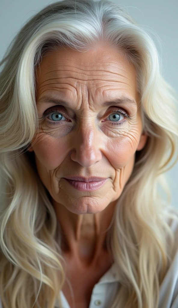  beautiful old woman with long shiny light blonde hair, the striking blue eyes, white ultra hd image background