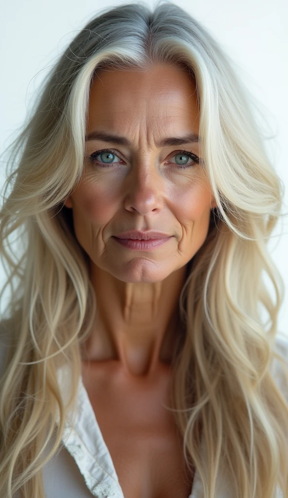 beautiful old woman with long shiny light blonde hair, the striking blue eyes, white ultra hd image background