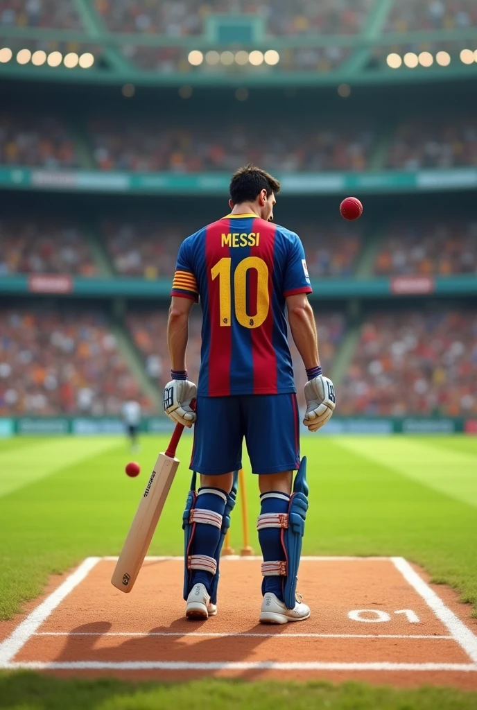 Messi is bating the small cricket ball with the bat