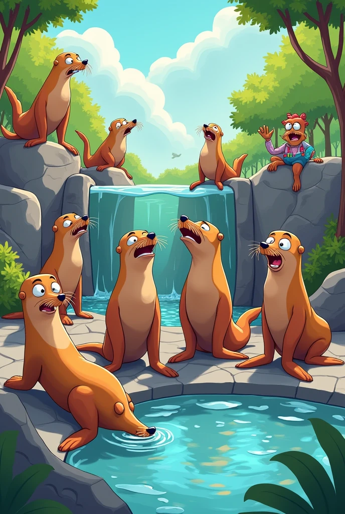 cartoon of a group of sea lions at the zoo