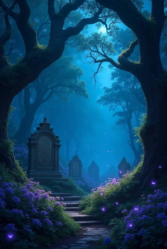 (photorealism:1.2), Mystical, dark, and magical forest. With blue fireflies floating around the place. With old tombstones with writings from ancient languages. With giant trees and bright purple flowers.