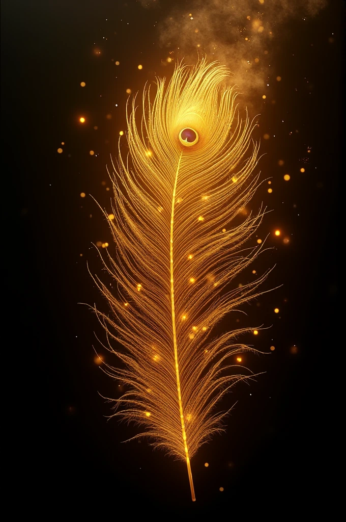 A peacock feather which is of golden color emits sparks with black backround 