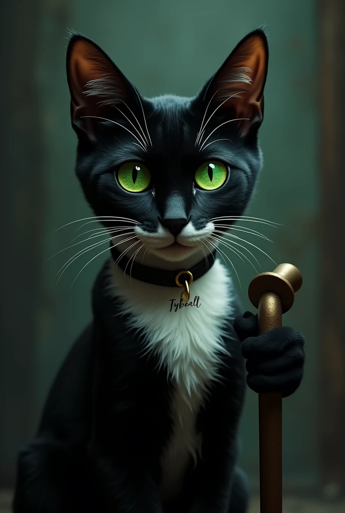 Un chat tuxedo aux yeux verts avec un collier où il est écrit Tybalt. Avec une béquille. Dans un univers sombre. 