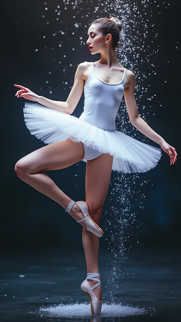 arafed woman in a white dress and ballet shoes posing for a picture, ballerina, pointe pose, ballet dancer, dressed as a ballerina, pointè pose, ballet style pose, ballet pose, tendu pose, ballet, prima ballerina, wearing a tutu, playful pose of a dancer, classic dancer striking a pose, portrait of a ballerina, anna nikonova, high quality, (RAW photo, best quality), (realistic, photorealistic: 1.4), (extremely delicate and beautiful: 1.4), amazing, fine details, masterpiece, ultra detailed, high resolution, best illustration, best shadow, intricate, ( extremely intricate: 1.2), (exquisitely detailed skin), cinematic light, perfect anatomy, (cool color: 1.4), sharp focus, 8k UHD, DSLR, (Fujifilm XT3),(iluminación cinematográfica :1.4), (partículas flotantes, agua mágica:1.4), (fondo agua lago río hielo congelado :1.4), (fondo colored glass background blue :1.4)