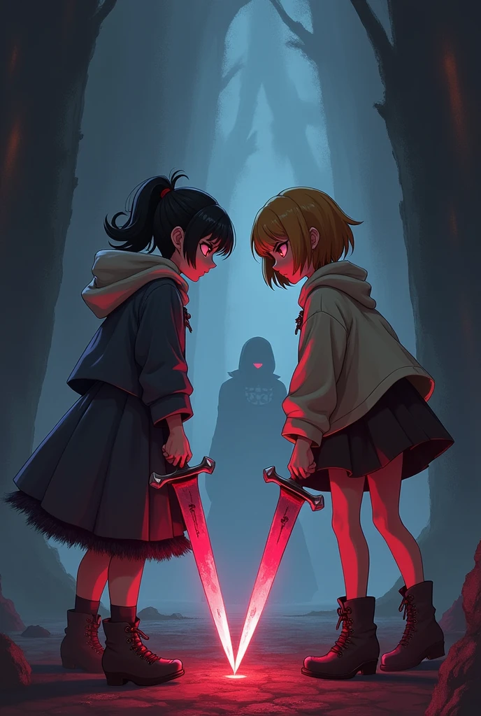 Made an undertale image with Chara and Frisk and made them both female and both of them holding knives ready to fight.