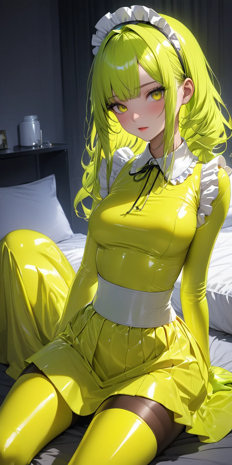 (masterpiece,Highest quality,Ultra-high resolution),Japanese women, Maid Headband、(((A very beautiful 2))),(Fluorescent yellow latex maid outfit)、(Long sleeve)、(((Fluorescent yellow latex long skirt)))、Fluorescent yellow latex long gloves、Fluorescent yellow latex tights、Latex is very shiny、Tight fluorescent yellow latex bodysuit、Dark room at night、Sitting on the bed