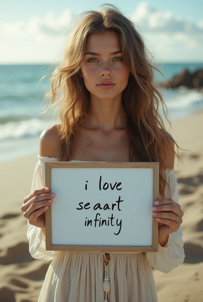 Beautiful girl with wavy long hair, bohemian dress, holding a white board with text "I Love Seaart Infinity" and showing it to the viewer