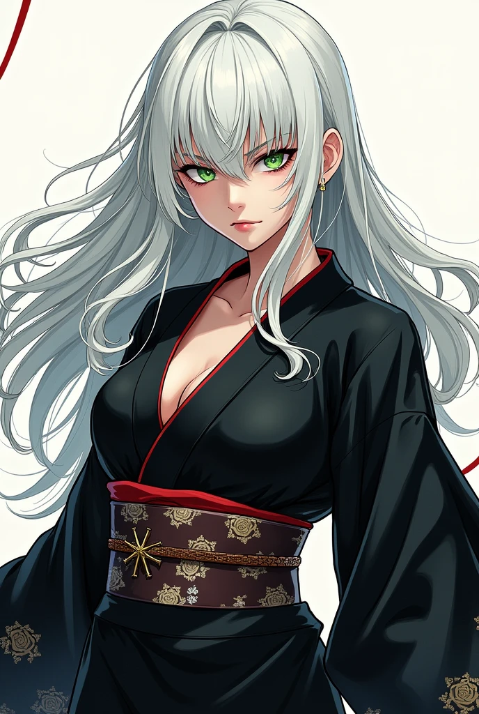 Manga woman white hair long bangs curtain green eyes dressed in black badass wearing a kimono