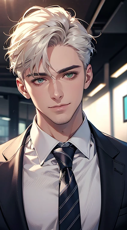 (Highest quality,4K,8K,High resolution,masterpiece:1.2),Super detailed,(Realistic,photoRealistic,photo-Realistic:1.37),1 personld,Mature Men,Beautiful skin、very handsome,Expressionless smile in love,Short white hair,green eyes,Sharp Eyes,A perfect face without a doubt,Businessman, CEO, Office Background,Cinema Lighting,HDR image,tie、