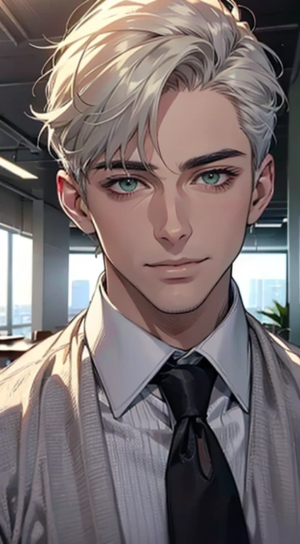 (Highest quality,4K,8K,High resolution,masterpiece:1.2),Super detailed,(Realistic,photoRealistic,photo-Realistic:1.37),1 personld,Mature Men,Beautiful skin、very handsome,Expressionless smile in love,Short white hair,green eyes,Sharp Eyes,A perfect face without a doubt,Businessman, CEO, Office Background,Cinema Lighting,HDR image,tie、