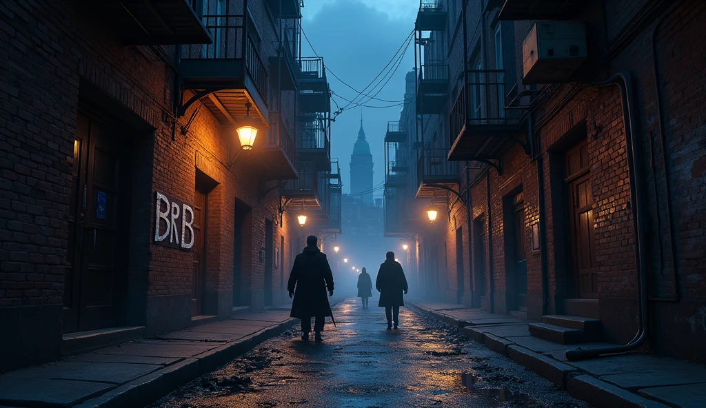 ((best quality)), ((masterpiece)), dnd, dungeons and dragons, scene, landscape, alley way, street view, brick walls, view of wall with the letters "BRB" painted on the wall as graffiti, slum city, night time, city of brick, distant shadowy figures, trending artwork, masterpiece