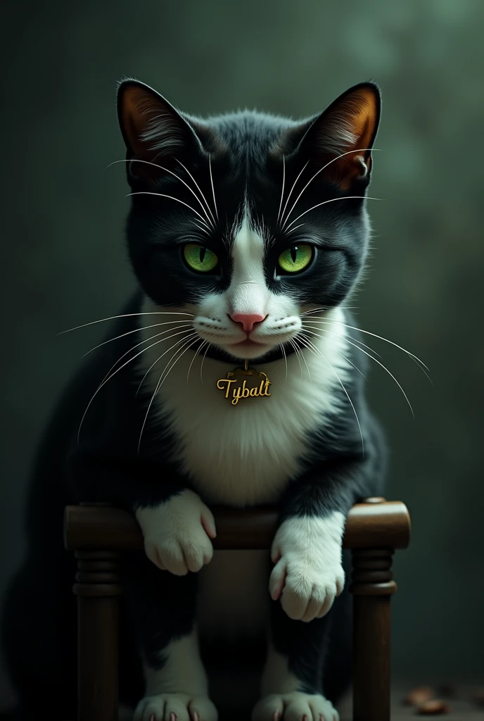 Un chat tuxedo aux yeux verts avec un collier où il est écrit Tybalt. Avec une béquille. Dans un univers sombre.